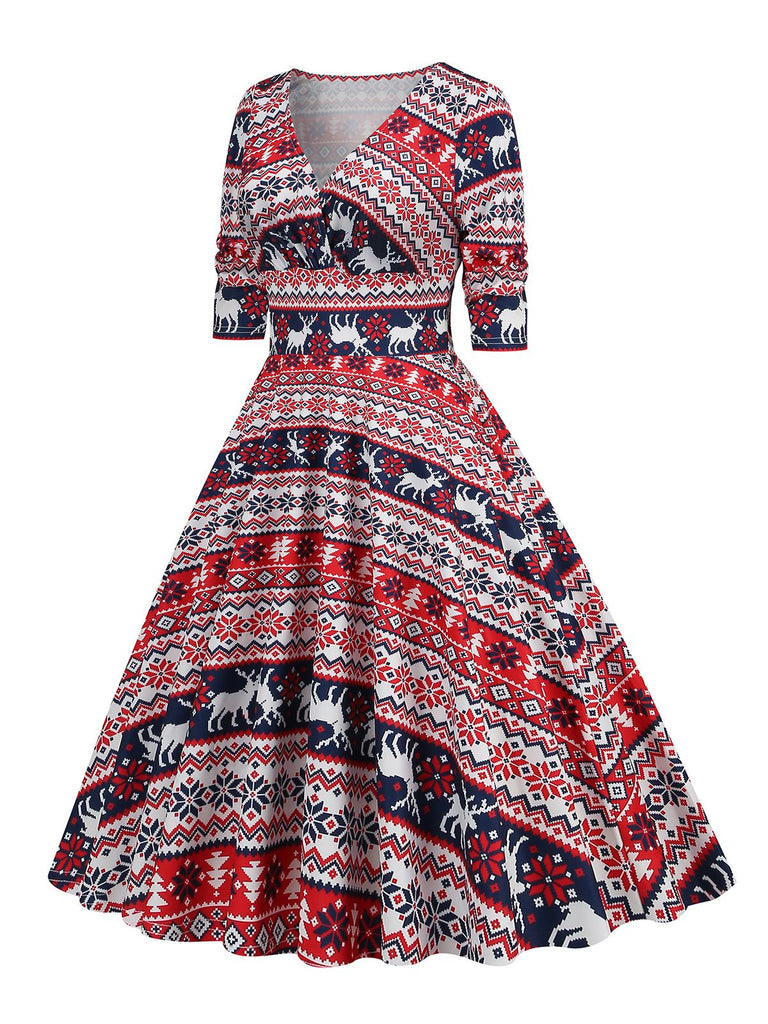 Robe de Noël patchwork à col en V des années 1950