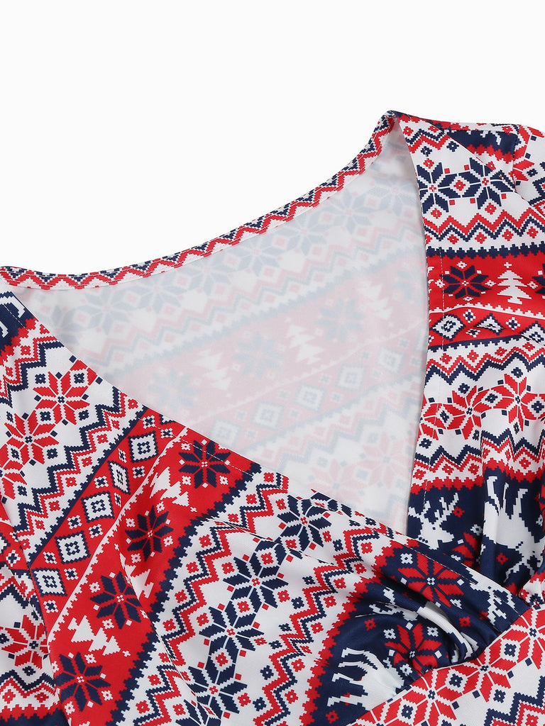 Robe de Noël patchwork à col en V des années 1950