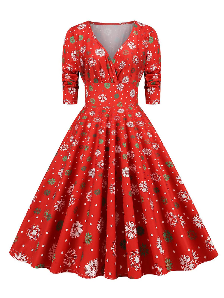 Robe de Noël patchwork à col en V des années 1950