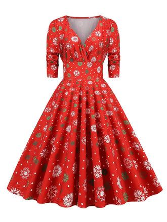 Robe de Noël patchwork à col en V des années 1950