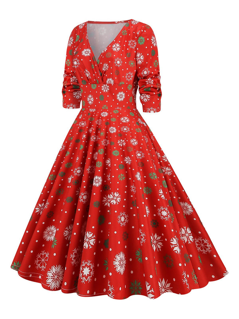 Robe de Noël patchwork à col en V des années 1950