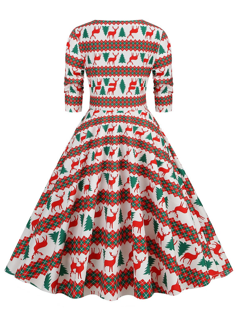 Robe de Noël patchwork à col en V des années 1950