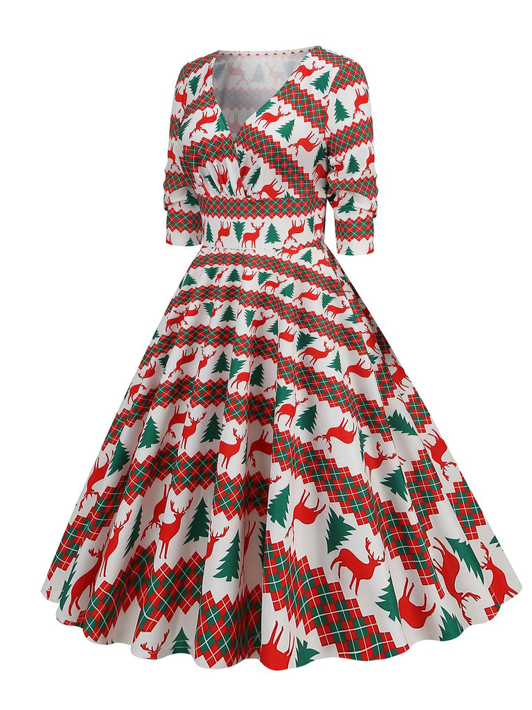 Robe de Noël patchwork à col en V des années 1950