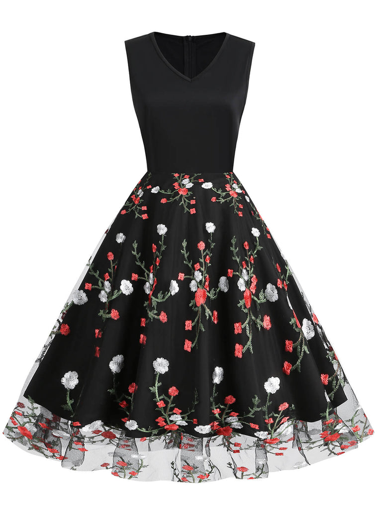 Robe Noir années 1950 broderie fleur Splice Cocktail Chic