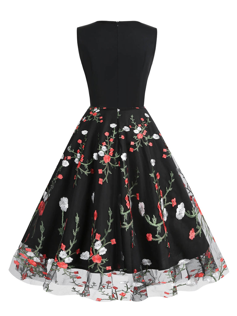 Robe Noir années 1950 broderie fleur Splice Cocktail Chic