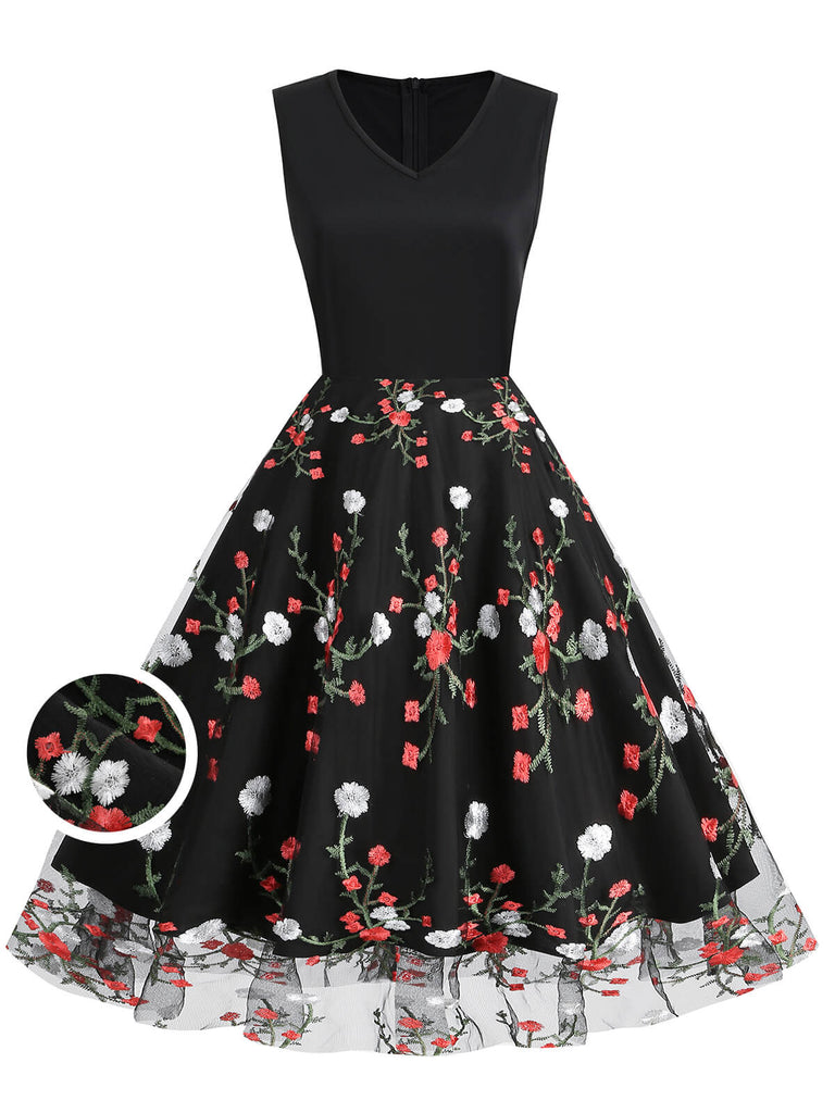 Robe Noir années 1950 broderie fleur Splice Cocktail Chic