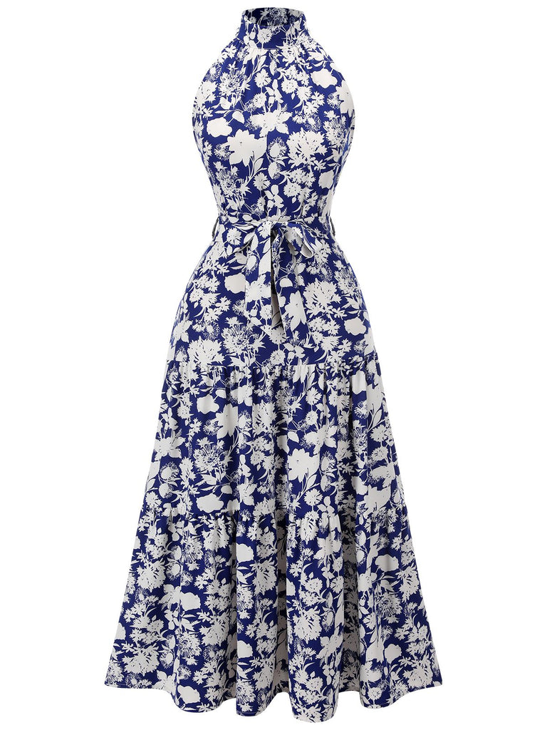 Robe bleue à fleurs et col montant des années 1930 Nou