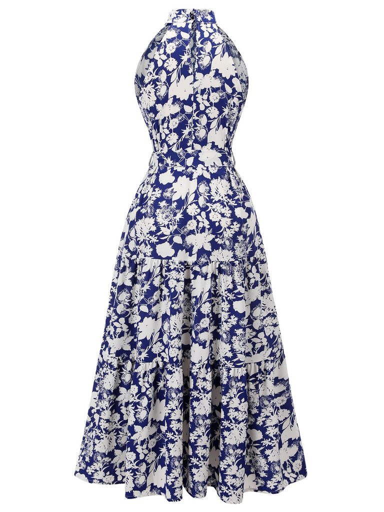 Robe bleue à fleurs et col montant des années 1930 Nou