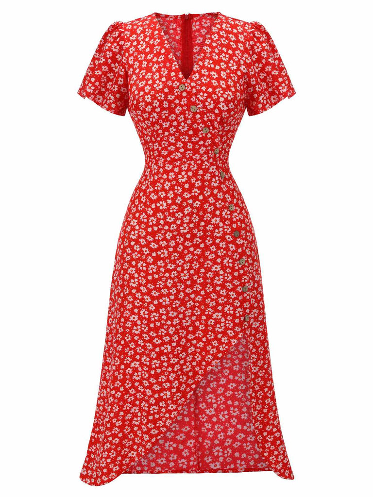 Robe rouge à col en V à fleurs des années 1930