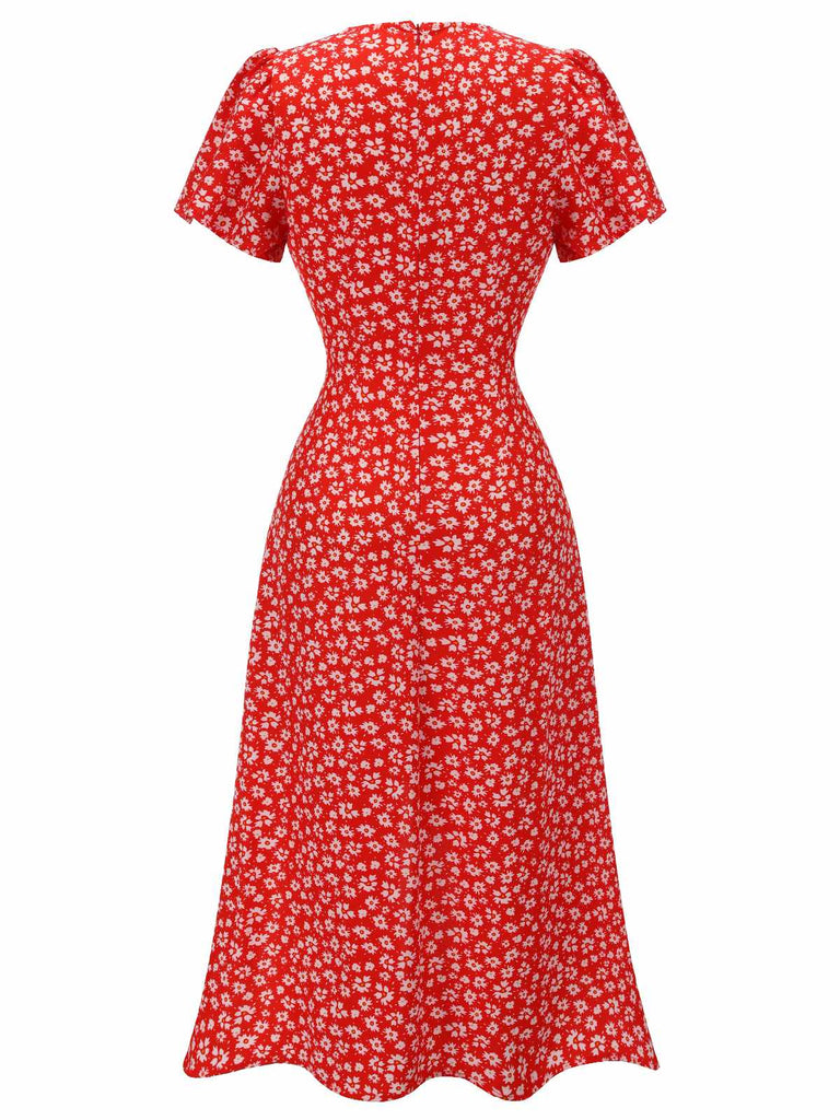 Robe rouge à col en V à fleurs des années 1930