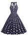 Robe bleu marine à col en V et à pois des années 1950