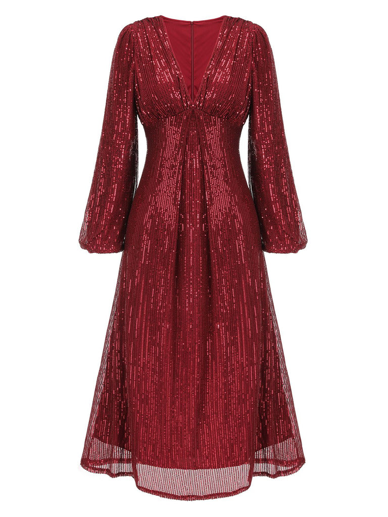 Robe droite rouge à paillettes et col en V des années 1930