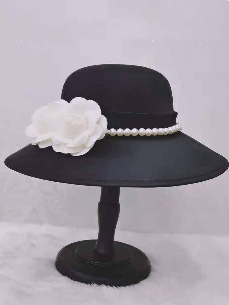 Chapeau Solide Fleurs Perles Noires