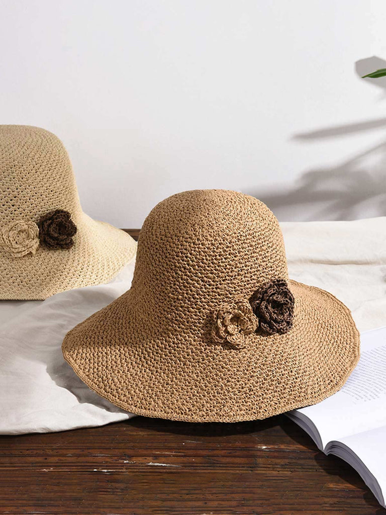 Chapeau de Paille Fleurs Tressées Rétro