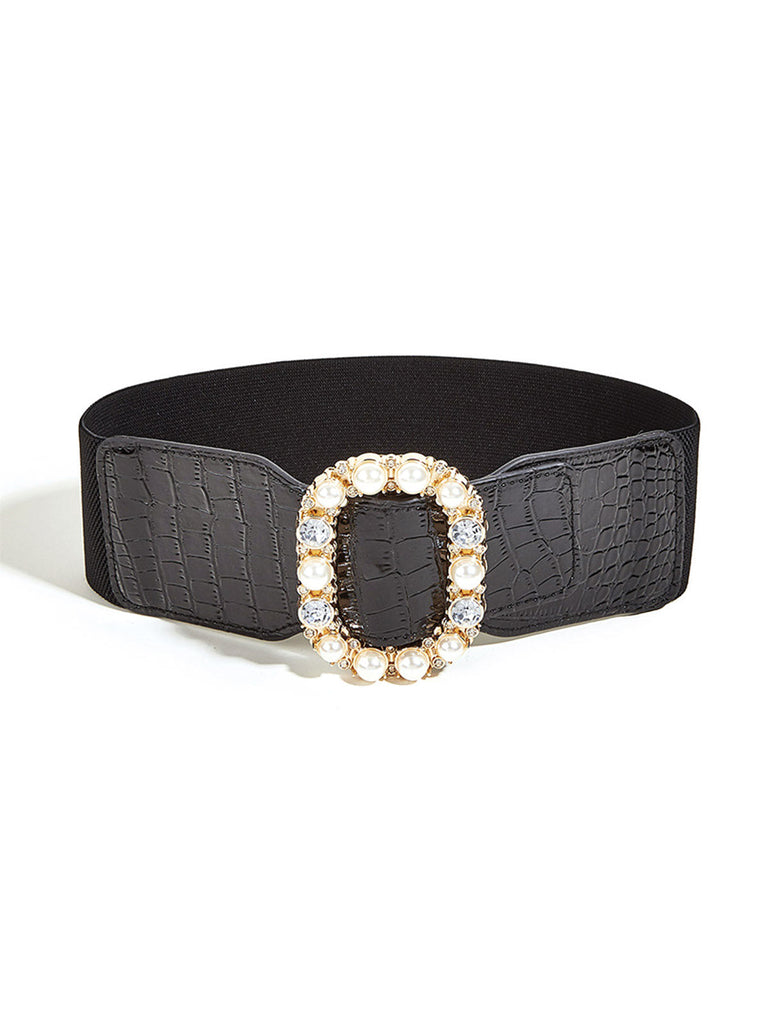 Ceinture large rétro noire avec perle