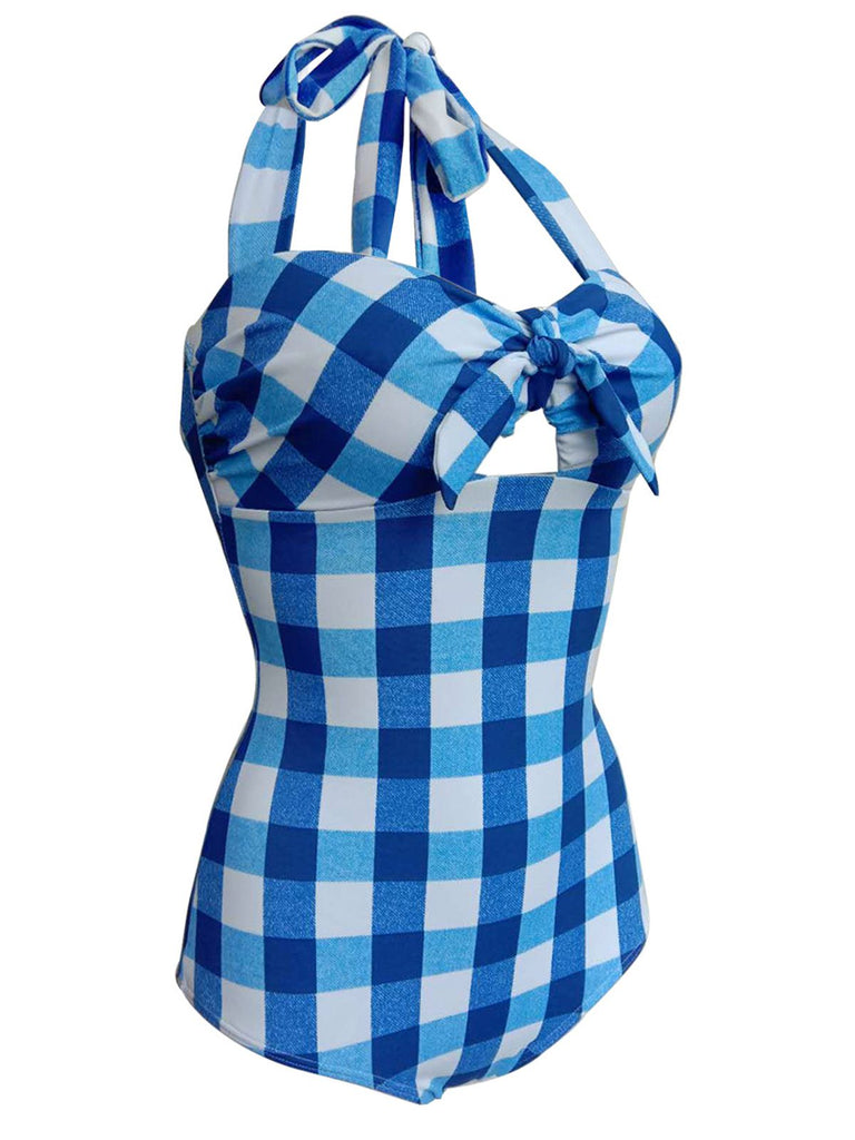 Maillot de Bain Vintage Bleu Une-pièce à Carreaux