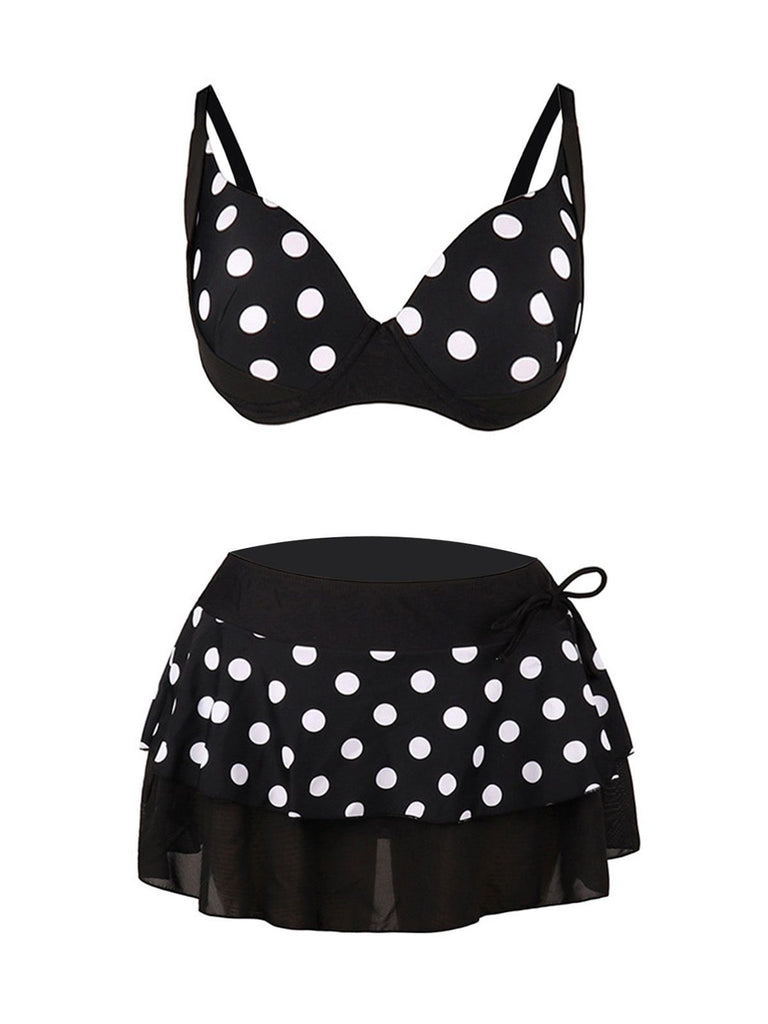 Maillot de Bain Noir à Pois avec Jupe