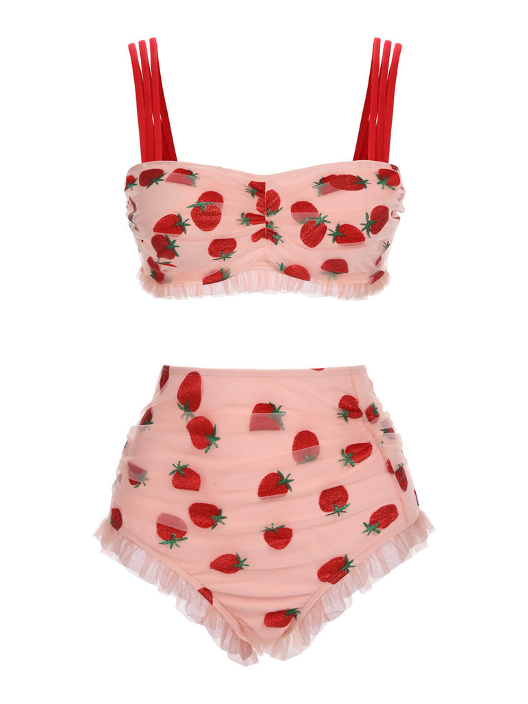 Grande Taille Ensemble Tankini Cami Fraise en Dentelle