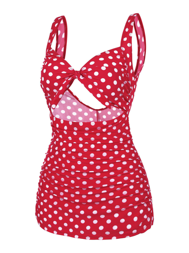 Maillot de Bain Une Pièce Rouge à Pois et Bretelles Pin Up