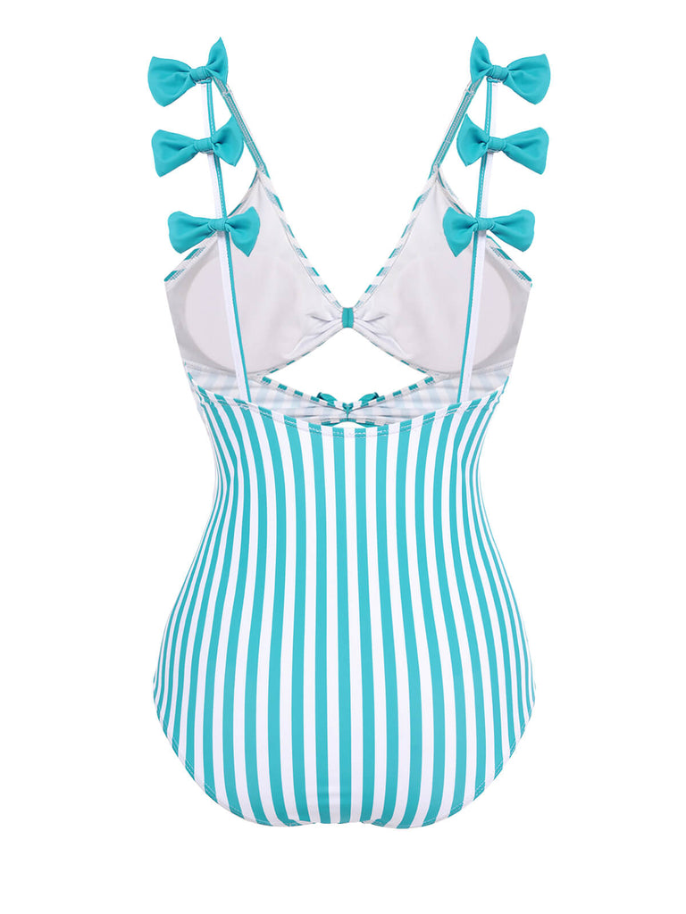 Ensemble de Bikini Une Pièce à Rayures Bleue et Nœud Papillon