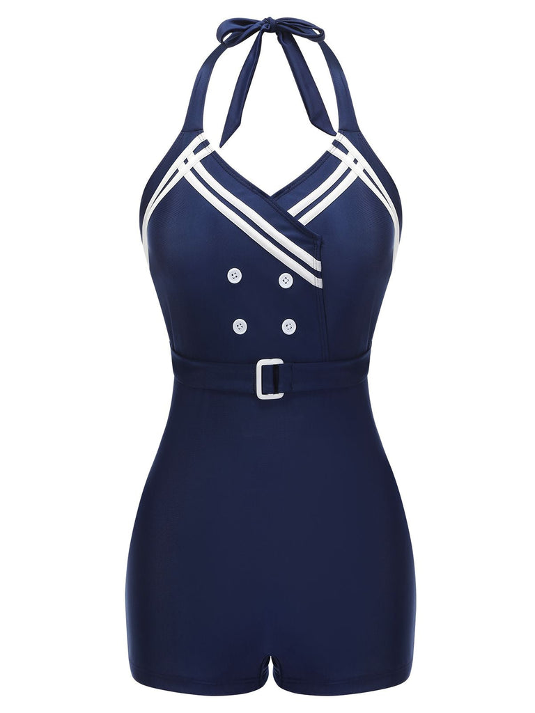 Maillot de bain uni bleu marine ceinture boutonnée dos nu