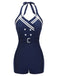 Maillot de bain uni bleu marine ceinture boutonnée dos nu