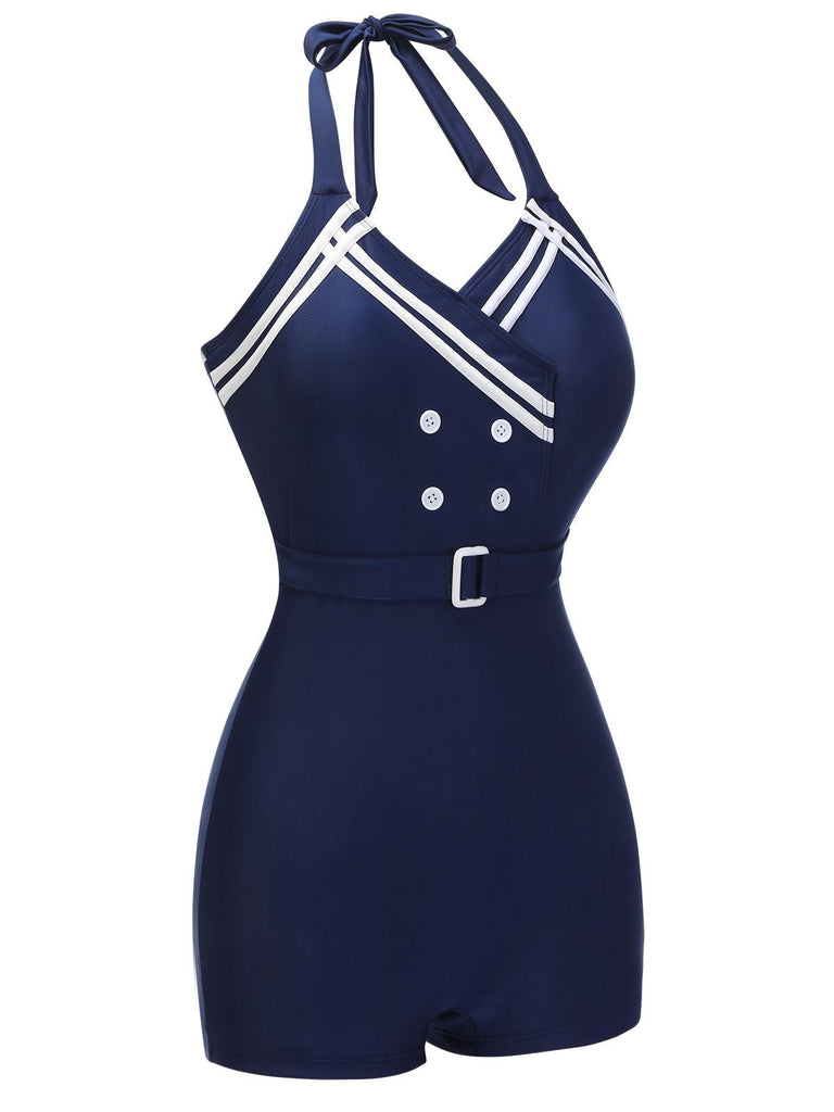 Maillot de bain uni bleu marine ceinture boutonnée dos nu