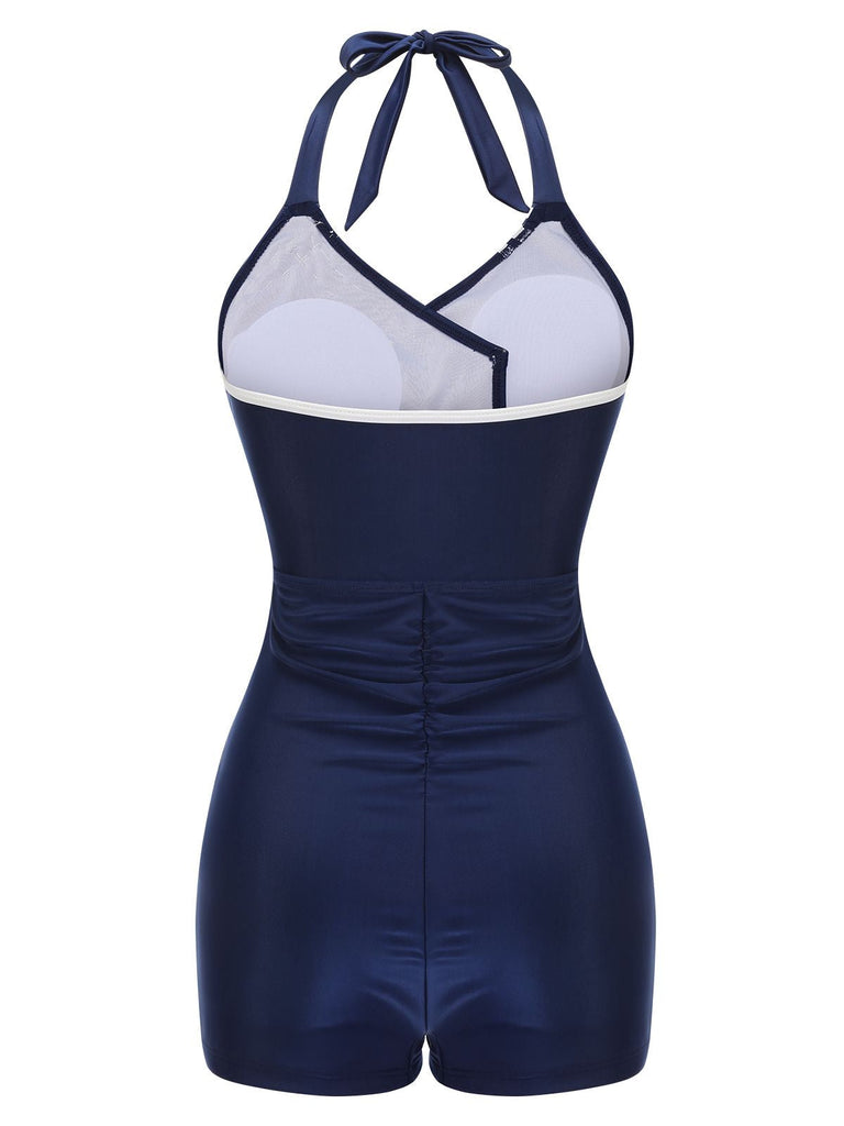 Maillot de bain uni bleu marine ceinture boutonnée dos nu