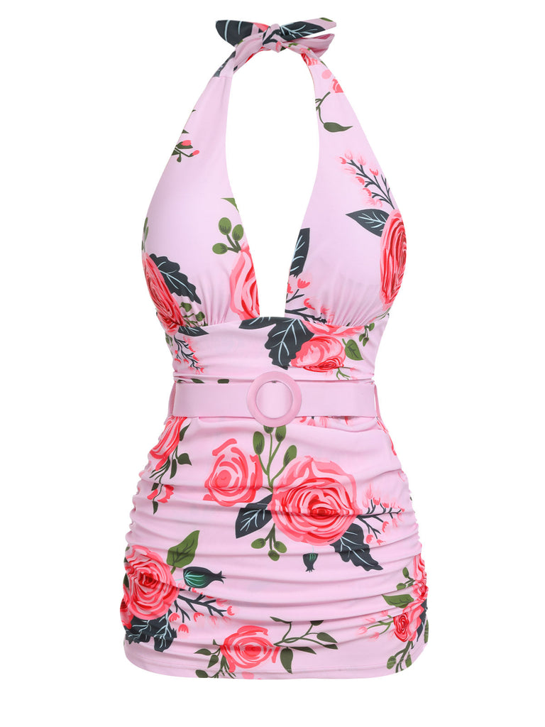 Maillot de bain rose grande taille années 1930 avec roses