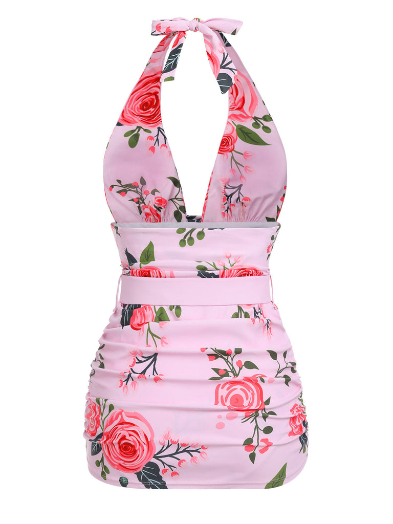 Maillot de bain rose grande taille années 1930 avec roses