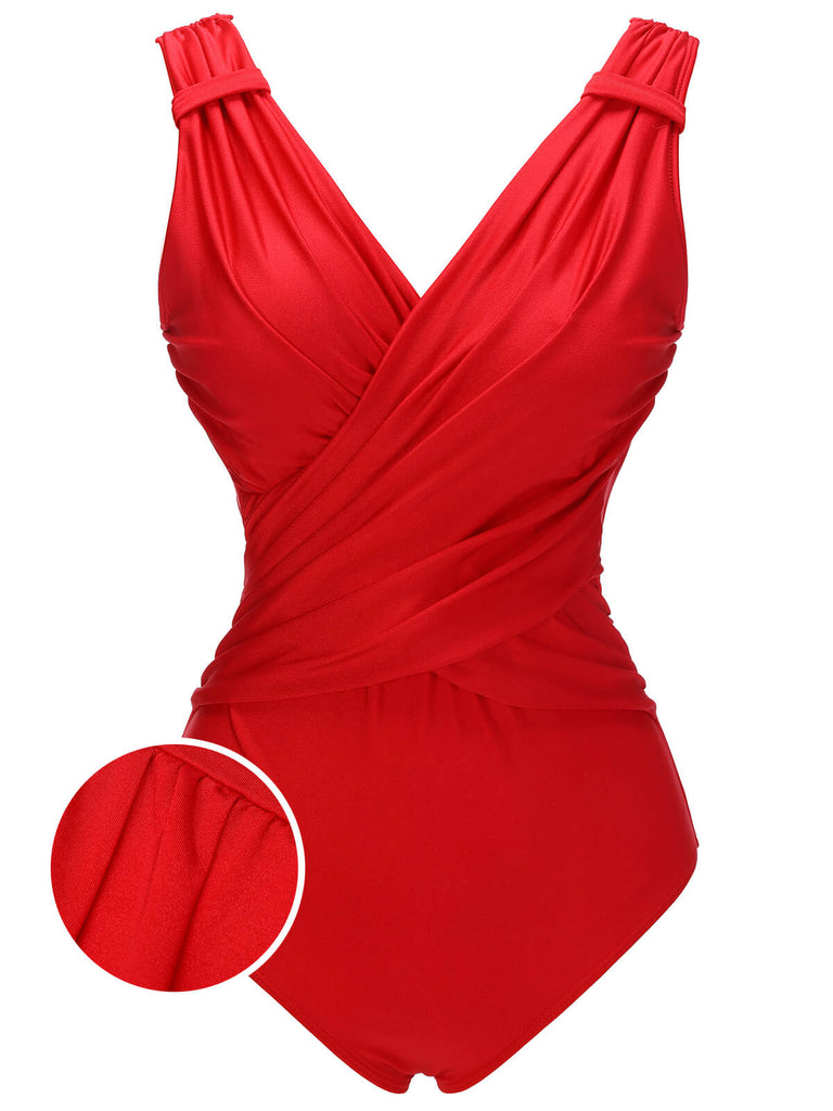 Maillot de bain une pièce rouge à col en V des années 1940