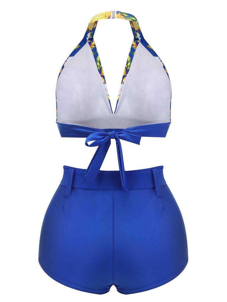 Maillot de bain bleu licou avec ceinture citron des années 1930