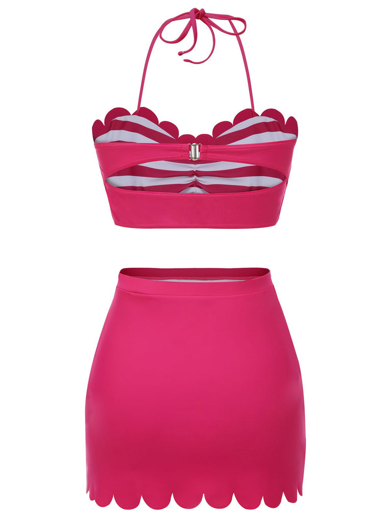 2PCS Maillot de bain rose rouge années 40 à rayures licou