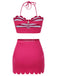 2PCS Maillot de bain rose rouge années 40 à rayures licou