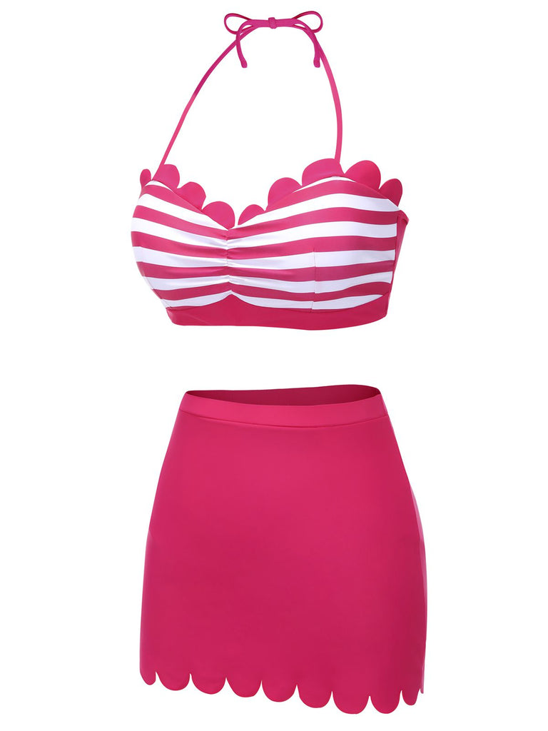 2PCS Maillot de bain rose rouge années 40 à rayures licou