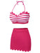 2PCS Maillot de bain rose rouge années 40 à rayures licou