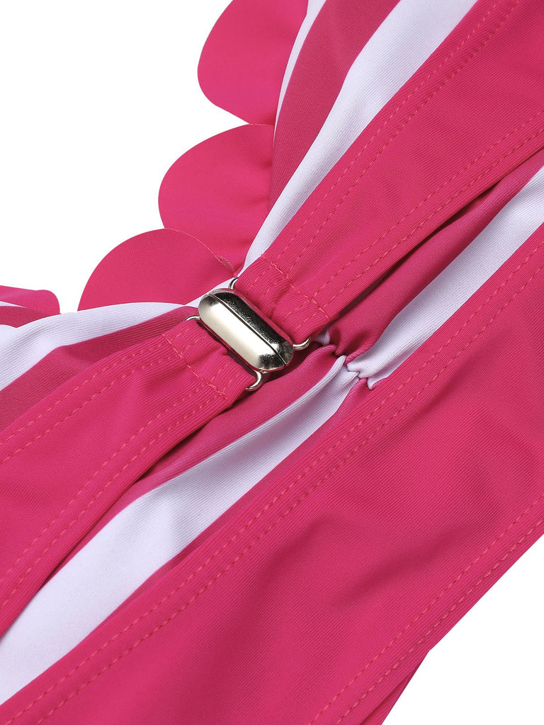 2PCS Maillot de bain rose rouge années 40 à rayures licou