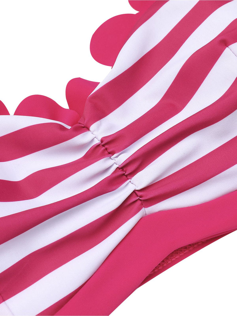 2PCS Maillot de bain rose rouge années 40 à rayures licou
