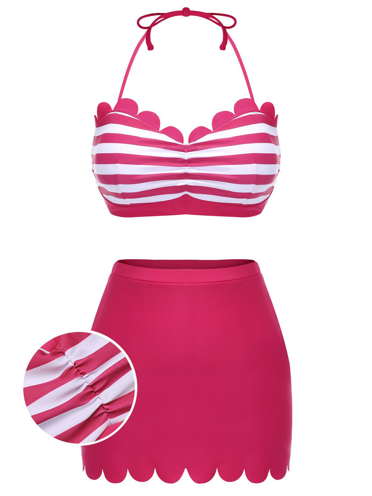 2PCS Maillot de bain rose rouge années 40 à rayures licou