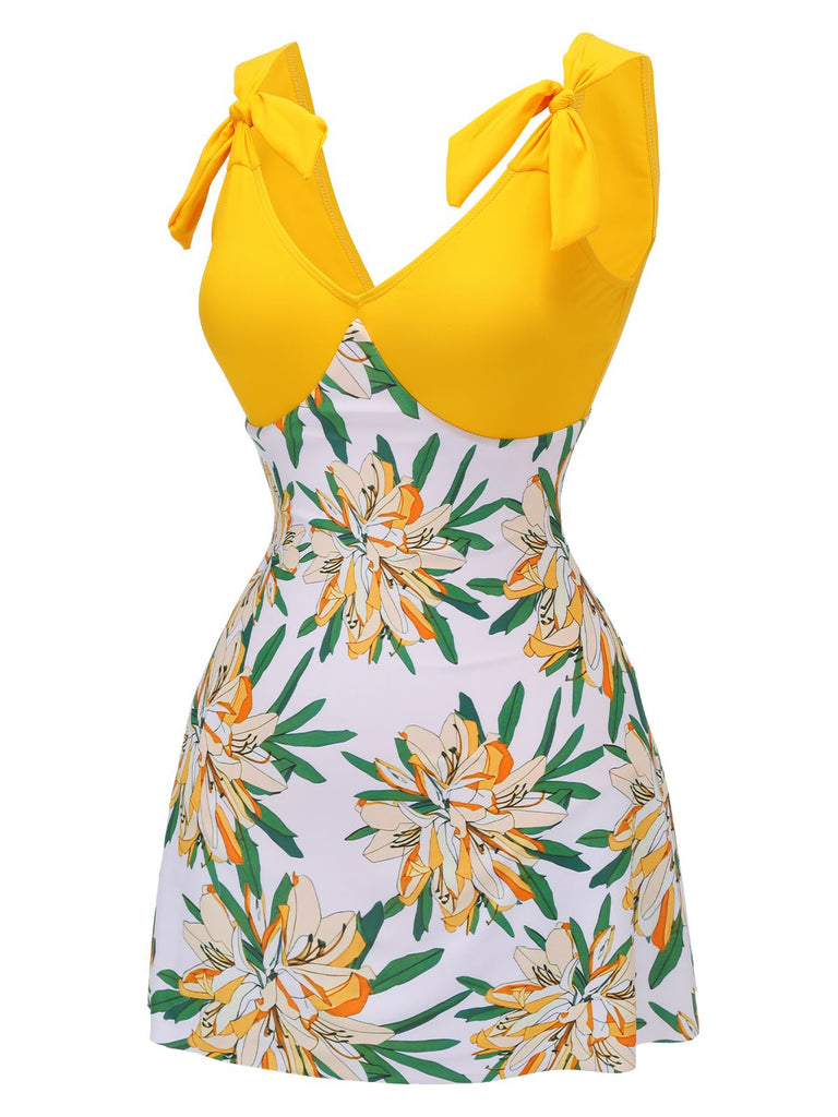 Maillot de bain une pièce patchwork fleuri jaune années 1940