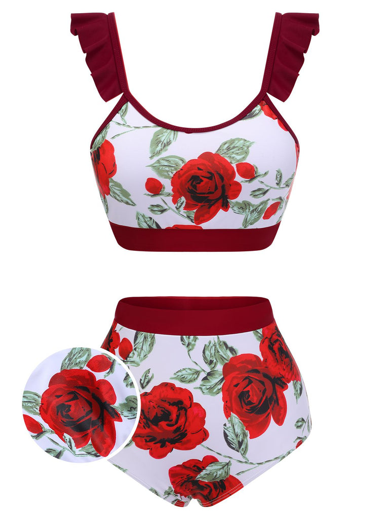 Maillot de bain rouge années 40 à volants roses patchwork