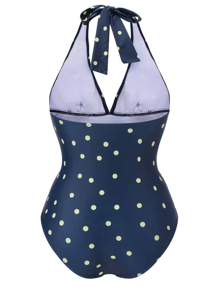 Maillot de bain bleu marine licou patchwork à pois des années 1960