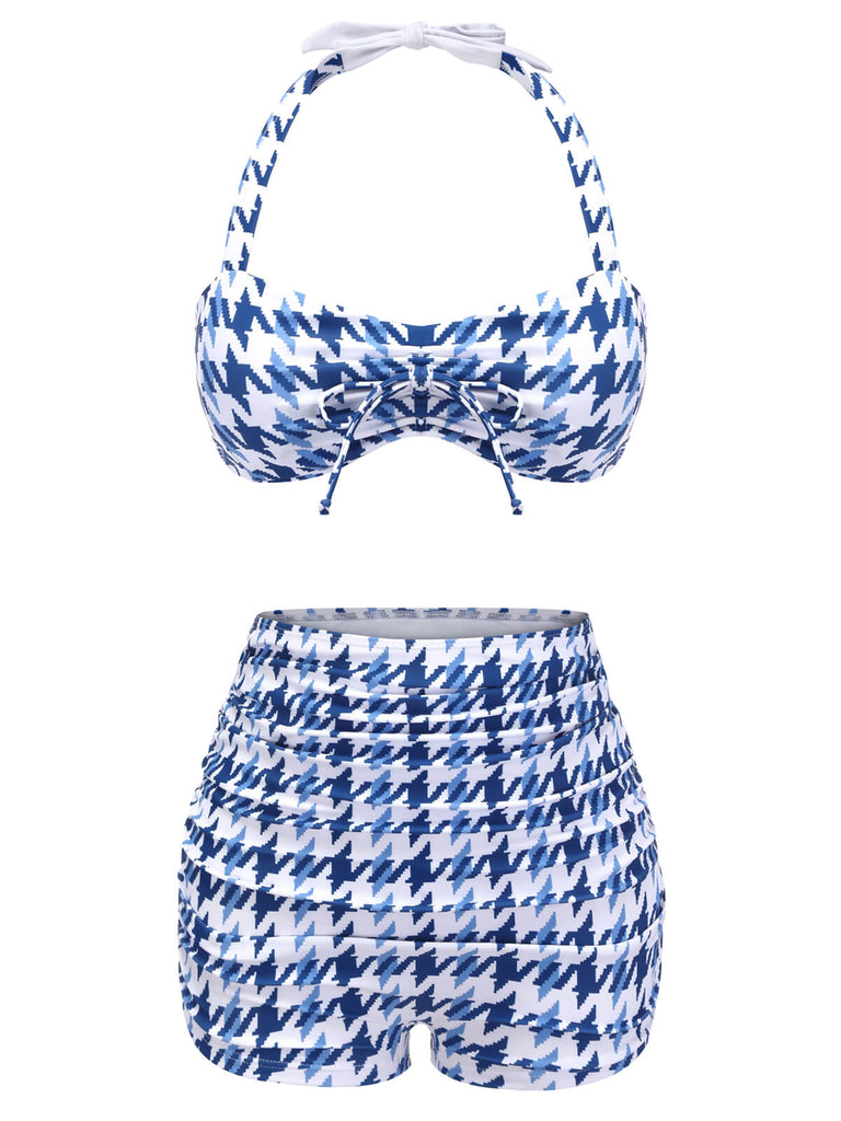 Maillot de bain bleu dos nu à nœud pied-de-poule