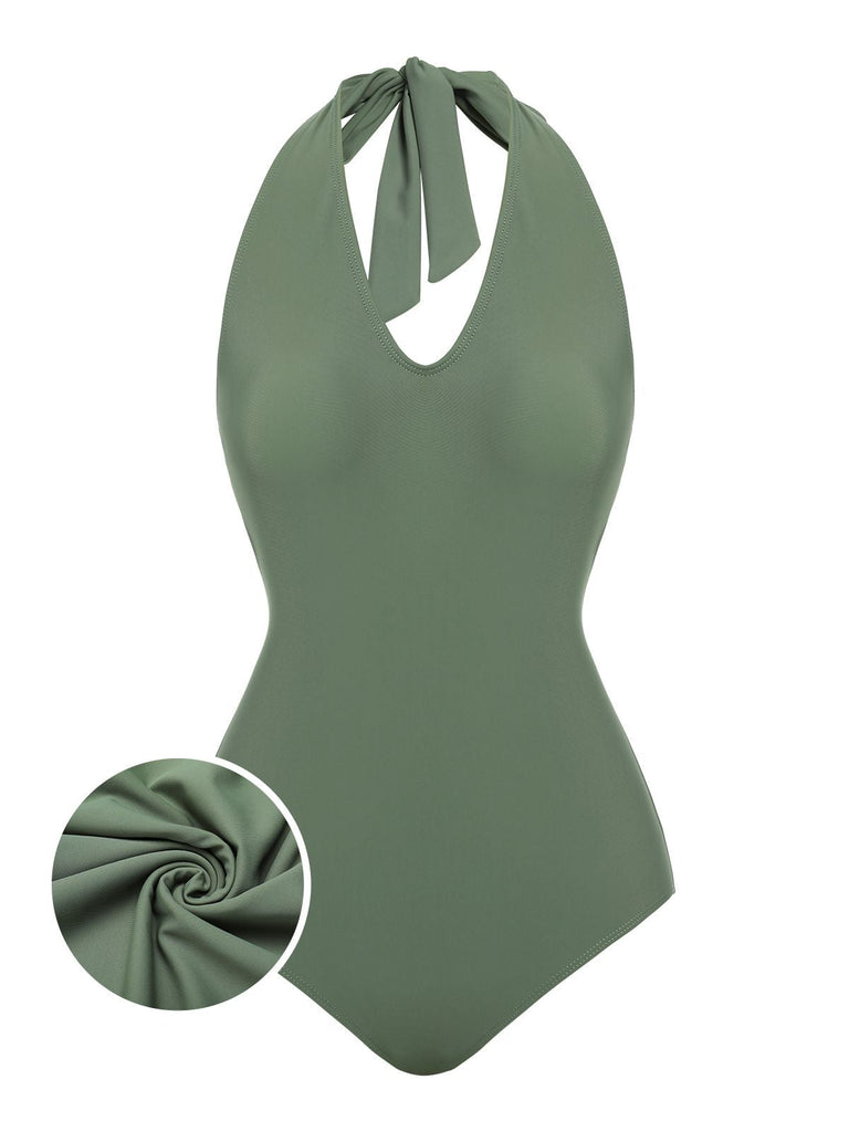 Maillot de bain une pièce à licou vert fleurs des années 1940