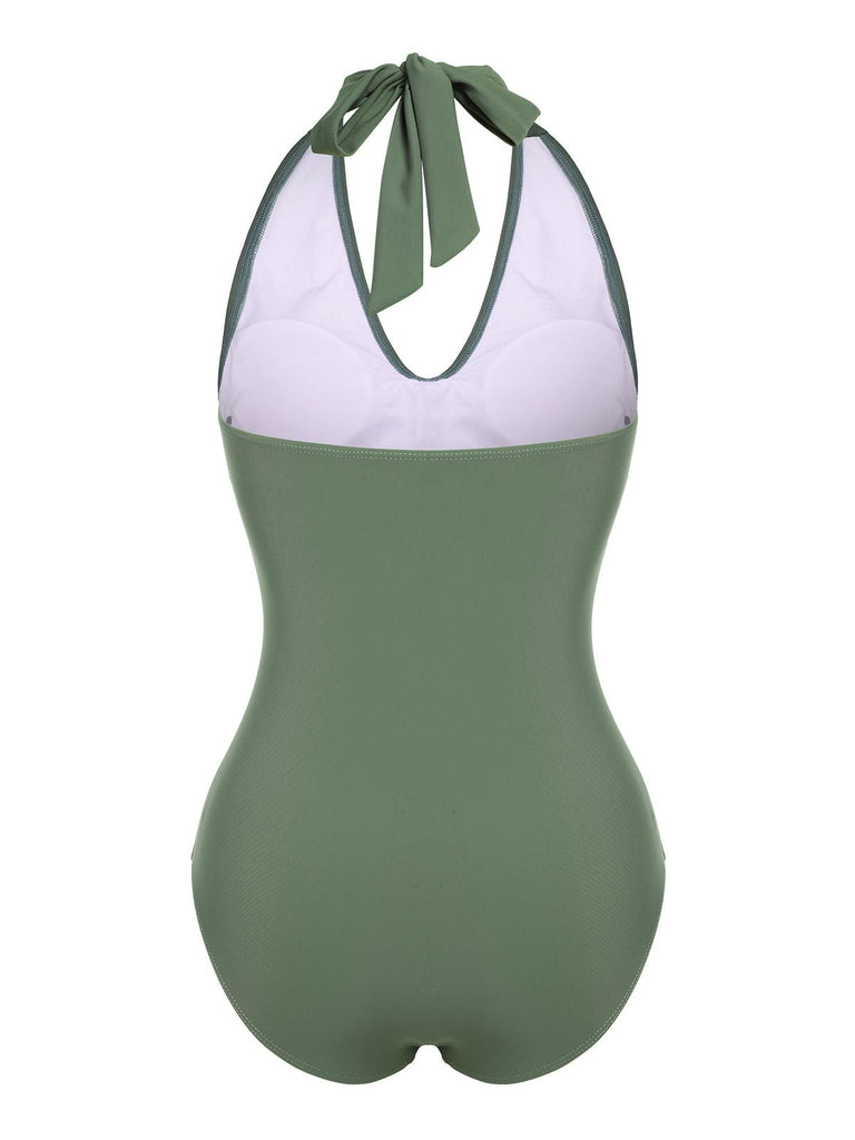 Maillot de bain une pièce à licou vert fleurs des années 1940