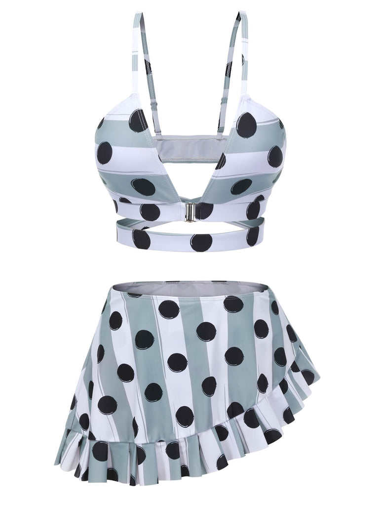 Maillot de bain gris années 40 rayé à pois et dos nu