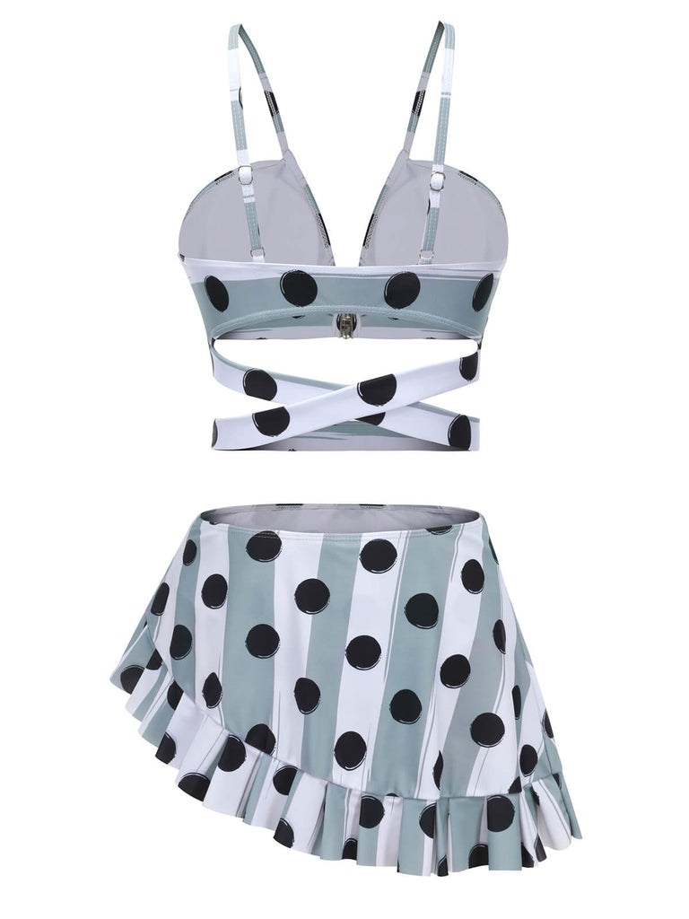 Maillot de bain gris années 40 rayé à pois et dos nu