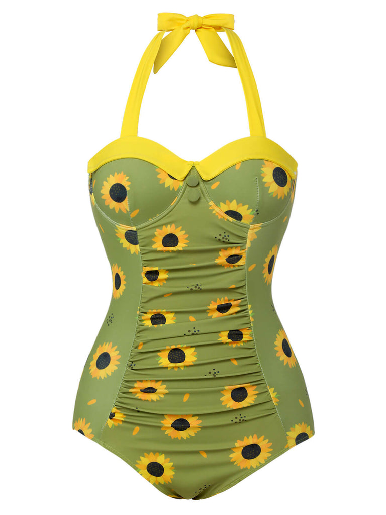 Maillot de bain dos nu tournesols verts des années 1930