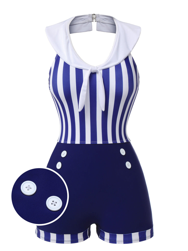 Maillot de bain bleu marine rayé à col bleu marine des années 1950