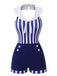 Maillot de bain bleu marine rayé à col bleu marine des années 1950